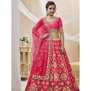 Lehenga Choli de Seda Artística con Bordado Zari Rosa, Semi-Confeccionado, para Compromiso, de Zeel Clothing - Product Image 6