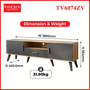 Mueble de TV Moderno Essence de 180 cm, Roble Gris Oscuro, Aglomerado, TV6074, 2 Puertas, 1 Cajón, Correderas Metálicas, Almacenamiento Lavable, para TV de 65+ Pulgadas, para Apartamento - Product Image 6