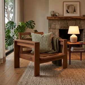 Fauteuil de salon en teck massif, chaise d'appoint à lattes, fauteuil de relaxation individuel artisanal, meuble en bois - Product Image 4