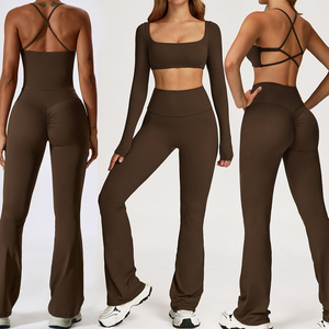Womens Yoga Set Long Sleeve Square Neck Crop Top High Waist Scrunch Booty <b>Flare</b> <b>Leggings</b> Gym Fitness Workout Outfit - Product Image 1