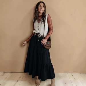Women's <b>Denim</b> <b>Knee</b>-<b>Length</b> <b>Skirt</b> A-Line Ruffle Button Front Regular Fit Solid Color Casual Winter Knitted Waist Washed Cotton - Product Image 5