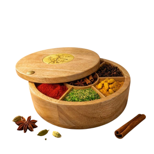 Premium Indian Wooden Spice Box Set Vintage Style Masala Container with Floral Burnt Design for Herbs <b>Seeds</b> and Seasoning - Product Image 6