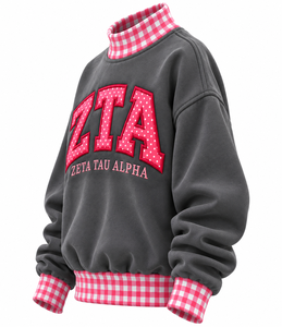 Premium Women’s Oversized Mock Neck Pullover Custom Gingham Embroidery Patchwork Drop Shoulder <b>Fleece</b> <b>Sweatshirt</b> - Product Image 3