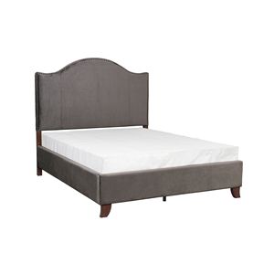 Letto Matrimoniale Moderno Tradizionale in Legno Massello con Testiera Imbottita in Velluto Grigio e Finitura a Chiodi, 1 Pannello - Product Image 1