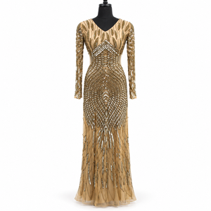 Gold Beaded Mermaid <b>Evening</b> <b>Dress</b> | V-Neck Long Sleeve Floor Length Formal Gown <b>for</b> Party <b>Wedding</b> Guest Special Occasion Elegant - Product Image 1