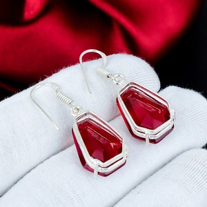 <b>Red</b> Garnet 925 Sterling Silver <b>Earrings</b> Handmade Coffin Shape Gemstone <b>Earrings</b> Antique Style Jewelry Gift For Her - Product Image 3