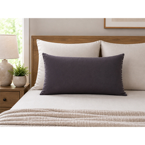 Housse de coussin lombaire en coton et lin de qualité supérieure, coussin rectangulaire blanc naturel avec surpiqûres contrastées noires pour canapé et lit - Product Image 3