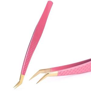 Pinces à épiler professionnelles en forme de L pour extensions de cils 3D, revêtement en poudre rose, outils incurvés pour l'application de volume - Product Image 1