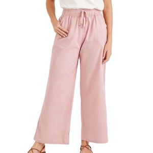 Pantalones de lino y algodón de alta calidad para mujer, holgados, de pierna ancha, de cintura alta, elásticos, Unisex, con Logo impreso, chándal de primavera, tamaño personalizado - Product Image 1