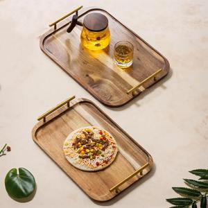 Plateau de service multifonctionnel en bois d'acacia de qualité commerciale, écologique, avec poignées métalliques, design rectangulaire rustique pour la maison - Product Image 6