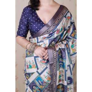 Sari de Seda Tussar Azul Elite Weaves con Estampado Kalamkari de Figuras Audaces y Borde Tejido con Zari para Fiestas y Festivales - Product Image 5