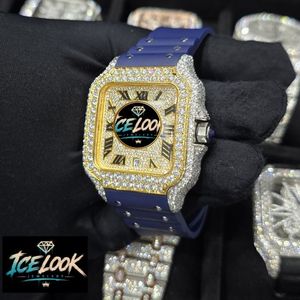 นาฬิกาข้อมือผู้ชาย ICE LOOK รุ่นหรูหรา ทรงสี่เหลี่ยม ตัวเรือนทอง ประดับเพชร สายสแตนเลสและสายซิลิโคนสีน้ำเงิน ระบบอนาล็อก ควอตซ์ แสดงวันที่ ขนาด 40 มม. - Product Image 3