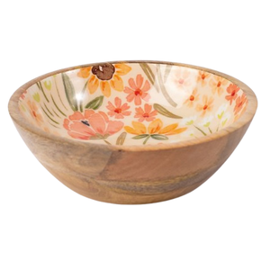 Bol rond en bois avec surface intérieure émaillée florale, finition polie, vaisselle écologique pour servir des salades et des collations - Product Image 1