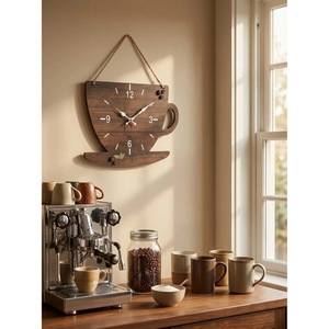 Horloge murale en bois délicat en forme de tasse à café, design rustique, mouvement silencieux à quartz, décoration de cuisine, horloge à suspendre - Product Image 4
