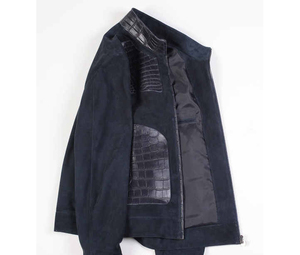 <b>Men's</b> Dark Blue Cow Skin <b>Suede</b> Leather <b>Jacket</b> with Croco Embossed PU Panels Zipper Closure Stand Collar Casual Winter Front - Product Image 1