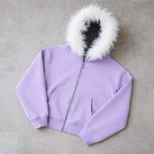 Sweat-shirt à capuche oversize noir rétro en fausse fourrure, zippé, personnalisé, uni, coupe ample, délavé à l'acide, brodé, style urbain - Product Image 6