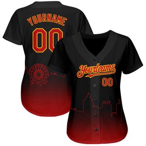 เสื้อเบสบอลผู้หญิงแบบกำหนดเอง พิมพ์ลายแบบ Sublimated คอวี แขนสั้น สีดำแดงไล่เฉด ชื่อทีมและหมายเลขด้านหน้าและด้านหลัง - Product Image 1