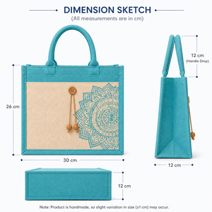 Bolsa de Yute Laminada Azul con Estampado de Mandala y Botón de Madera, Bolsa de Compras Reutilizable Ecológica para Exposiciones y Bodas - Product Image 2
