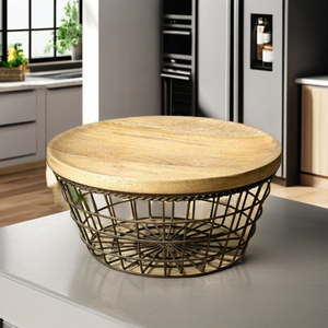 Kitchen Food <b>Storage</b> <b>Basket</b> with Wooden Lid Metal Container for Fruits and <b>Vegetables</b> Chopping Cutting board with metal <b>Basket</b> - Product Image 6