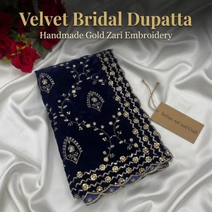 Superbe Dupatta de Mariée en Velours Bleu avec Broderie Florale Zari Dorée Intégrale, Châle et Étole de Mariage Exquises - Product Image 3