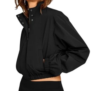 Black <b>Womens</b> Polyester Windbreaker <b>Jacket</b> Custom Logo Letter Print Full Zip High Neck <b>Lightweight</b> Outdoor Streetwear OEM Apparel - Product Image 2