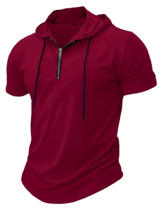 Men's Hooded Henley T-Shirt Short Sleeve Solid Color Regular Fit Casual Knitted Pullover 100% Cotton 200g Back Neck Logo Maroon - Product Image 3