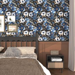 Carta da Parati Floreale Blu Navy 44,2 cm x 300 cm, Carta Adesiva Vintage con Fiori, Stile Acquerello, Autoadesiva - Product Image 6