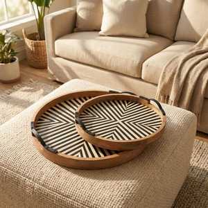 Handmade Circular Bone Inlay Black & White <b>Tray</b> - Black Bone Inlay <b>Round</b> <b>Tray</b> | Handmade Floral Serving <b>Tray</b> For Home Decor - Product Image 2