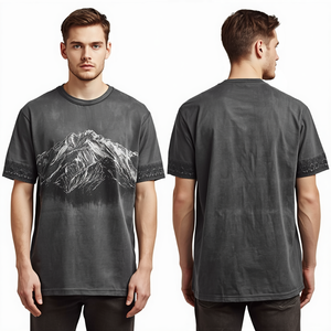 T-shirt Premium pour Homme, Coupe Oversize à Épaules Tombantes, Effet Délavé Acide, avec Motif Montagne Vintage, en Coton Épais - Product Image 1