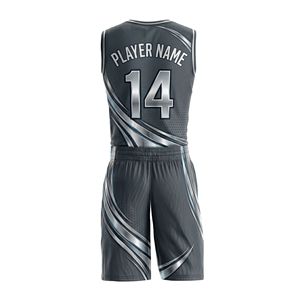 Uniforme de basketball respirant gris anthracite avec motif ondulé, entièrement sublimé, en tissu technique polyester pour homme - Product Image 2