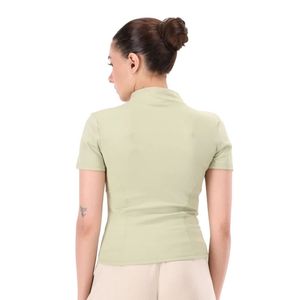 Haut ajusté vert clair à manches courtes et col montant pour femme, avec demi-fermeture éclair sur le devant, coupe slim, chemise décontractée basique extensible, vêtement de mode quotidien - Product Image 6