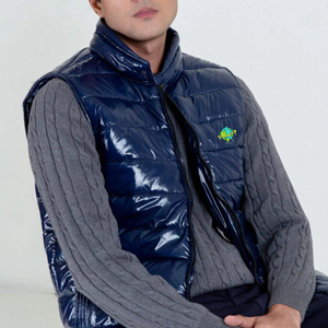 Men's Navy Canvas <b>Quilted</b> Puffer Jacket Sherpa Stand Collar Zipper Closure Embroidered Logo Casual Winter Polyester <b>Wadding</b> - Product Image 2