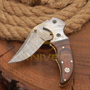 Navaja Plegable de Acero de Damasco con Mango de Madera y Empuñadura de Latón, Punta Caída, para Caza, 7 Pulgadas de Largo, para Camping, Aire Libre y Uso Diario - Product Image 3