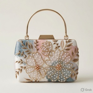 Elegant Pearl Decorated Fashion Floral Embroidered Silk Women's Clutch <b>Bag</b> with Zipper Closure and Metal Handle for Evening Use - Product Image 3