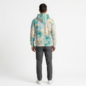 Sudadera con Capucha Azul Crema para Hombre con Estampado Abstracto de Acuarela, Bolsillo Tipo Canguro, Sudadera Personalizada de Estilo Urbano - Product Image 2