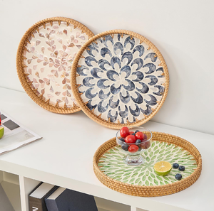 Bandeja de ratán y nácar para desayuno, organizador, bandeja de servir de ratán y nácar, tamaño y forma personalizados, bandeja para servir alimentos - Product Image 1