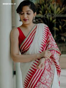 High Quality Soft <b>Linen</b> with Stripe & Hand-Face Digital Print Saree-Blouse <b>Set</b> Woman Fashion Manufacturer At Wholesale Rate - Product Image 2