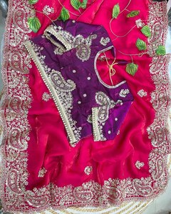 Imperial Elegance Fendy <b>Satin</b> Embroidery Designer Saree Sequence Work Heavy Border Butti Stitched <b>Blouse</b> Wrinkle Free Quick Dry - Product Image 2