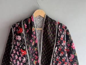 Chaqueta de Algodón Transpirable con Estampado Floral Acolchado para Mujer, Cuello en V, Manga Larga, Bordada, para Otoño, Regalo para Ella - Product Image 4