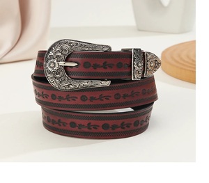Ceinture en cuir occidental décontractée avec boucle ardillon en alliage, motif floral en peau de vache, durable, largeur 3,5 cm, longueur 110 cm, pour hommes et femmes - Product Image 1