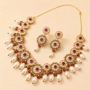 22K Gold Plated Vintage Traditional Indian Bridal Jewelry Set with <b>Ruby</b> and Pearl <b>Necklace</b> - Product Image 3