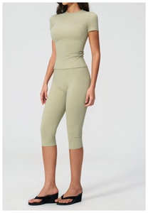 Olive Green 2 Piece Yoga Set Deep V Neck Halter <b>Crop</b> <b>Top</b> High Waist Knee Length Leggings Seamless Solid Color Sport Wear - Product Image 2