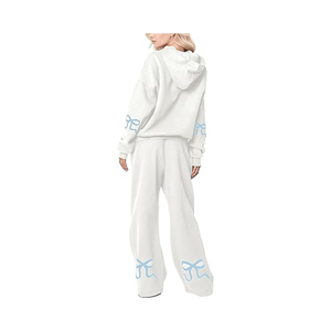 Unisex <b>2</b>-<b>Piece</b> Hooded Sweat Suit <b>Set</b> <b>White</b> Cotton Solid Embroidered Bow Button Streetwear Loose Fit All Seasons Long Sleeve Full - Product Image 1
