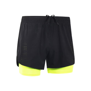 Adult Men's Black Double <b>Layer</b> Sport Shorts With Neon Green Inner Quick Dry Breathable Drawstring Waist Short Length - Product Image 3