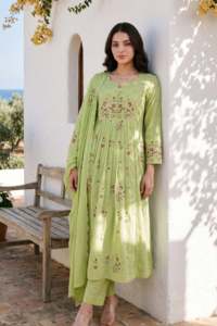 Costume Anarkali vert en coton brodé pour femme, coupe ample, longueur cheville, style traditionnel décontracté, Inde, Pakistan, vêtements d'été - Product Image 6