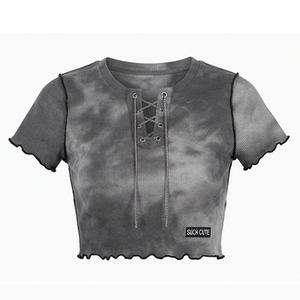 <b>Lady</b> <b>Blouses</b> Solid Womens Grey Ribbed Lace up Crop Top Short Sleeve Slim Fit Y2K Streetwear Knitted <b>Summer</b> T-Shirt - Product Image 4
