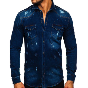Chemise en jean à manches longues pour homme, style classique rétro, avec poches décoratives, motif écossais, haut vintage en jean pour affaires - Product Image 1