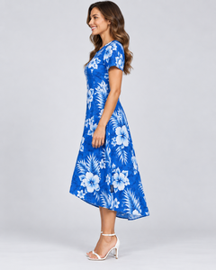 Blue Floral Print V-Neck A-Line Chiffon Tea-Length Dress with Cap Sleeve for Women Summer Casual Wear best selling wholesale - Product Image 2