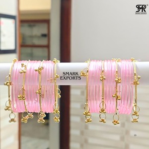 Pink Gold Plated 2mm 32-Piece Kashmiri Jelly Glass Bangles Set Ghungru Both Hands Traditional Indian Chudi Women Wedding Bridal - Product Image 4