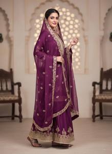 Ensemble Salwar Kameez en soie brodée violette traditionnel indien pakistanais pour femmes, coupe régulière, longueur au sol, tenue de mariage - Product Image 2